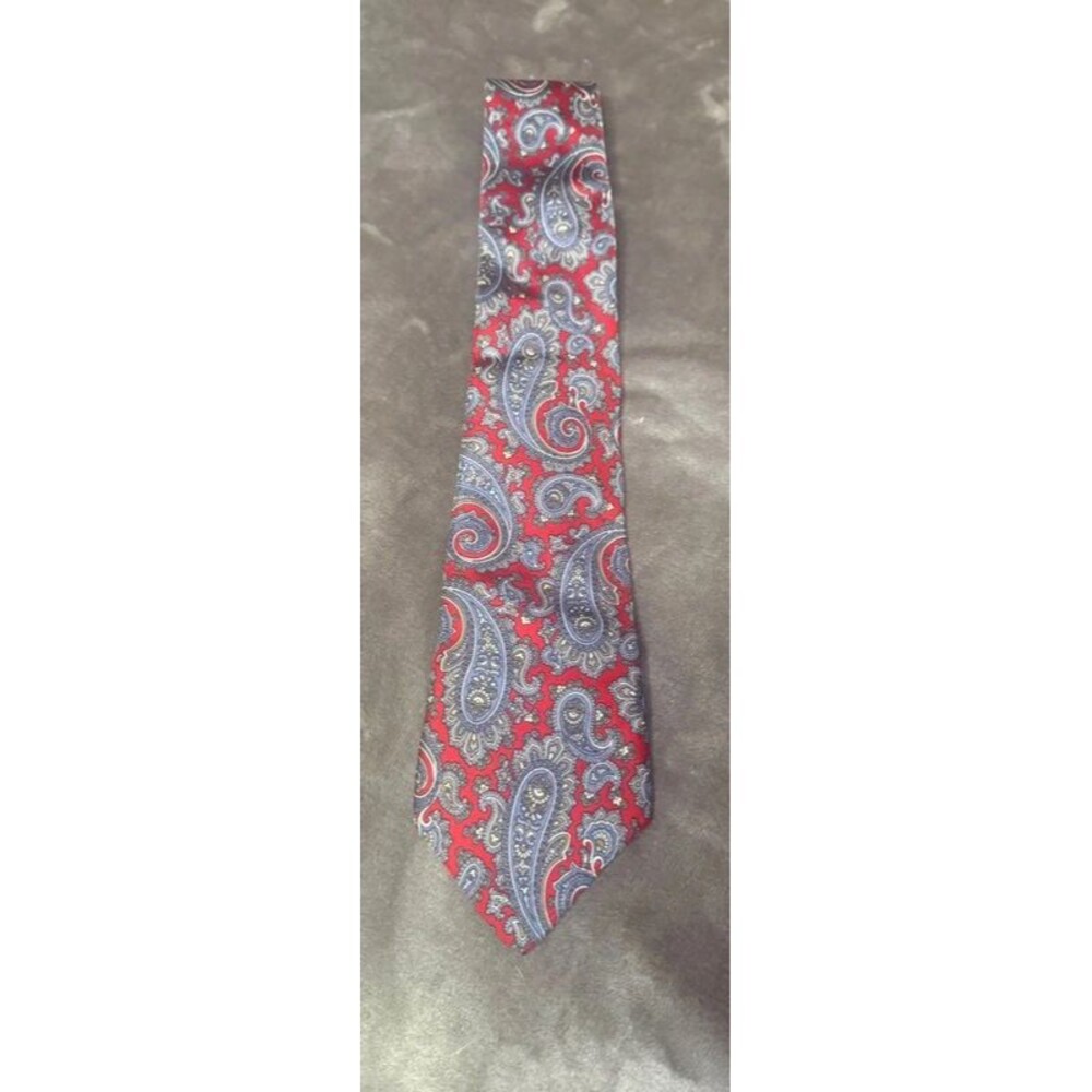 VTG 80s Christian Dior All Silk Tie Red Blue Paisley Made USA Designer Necktie